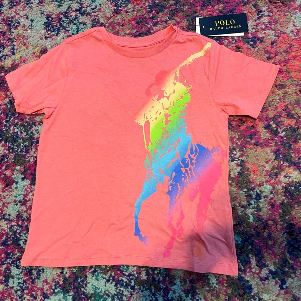 Ralph Lauren Kids Pink T-Shirt with Colorful Horse logo Graphic 6